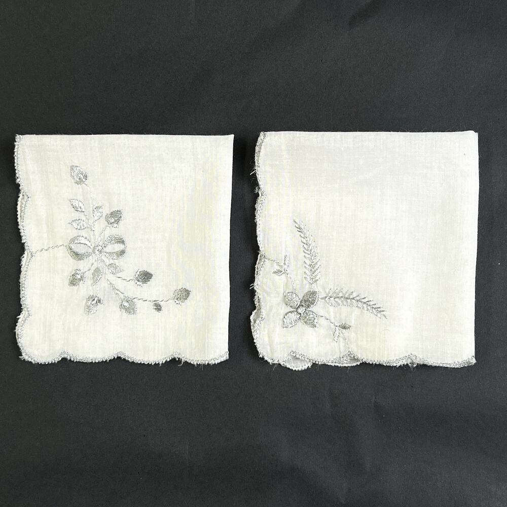 Handkerchief Lot 2 Floral Silver Sheen Embroidery Stitch Hankies Scalloped Edge